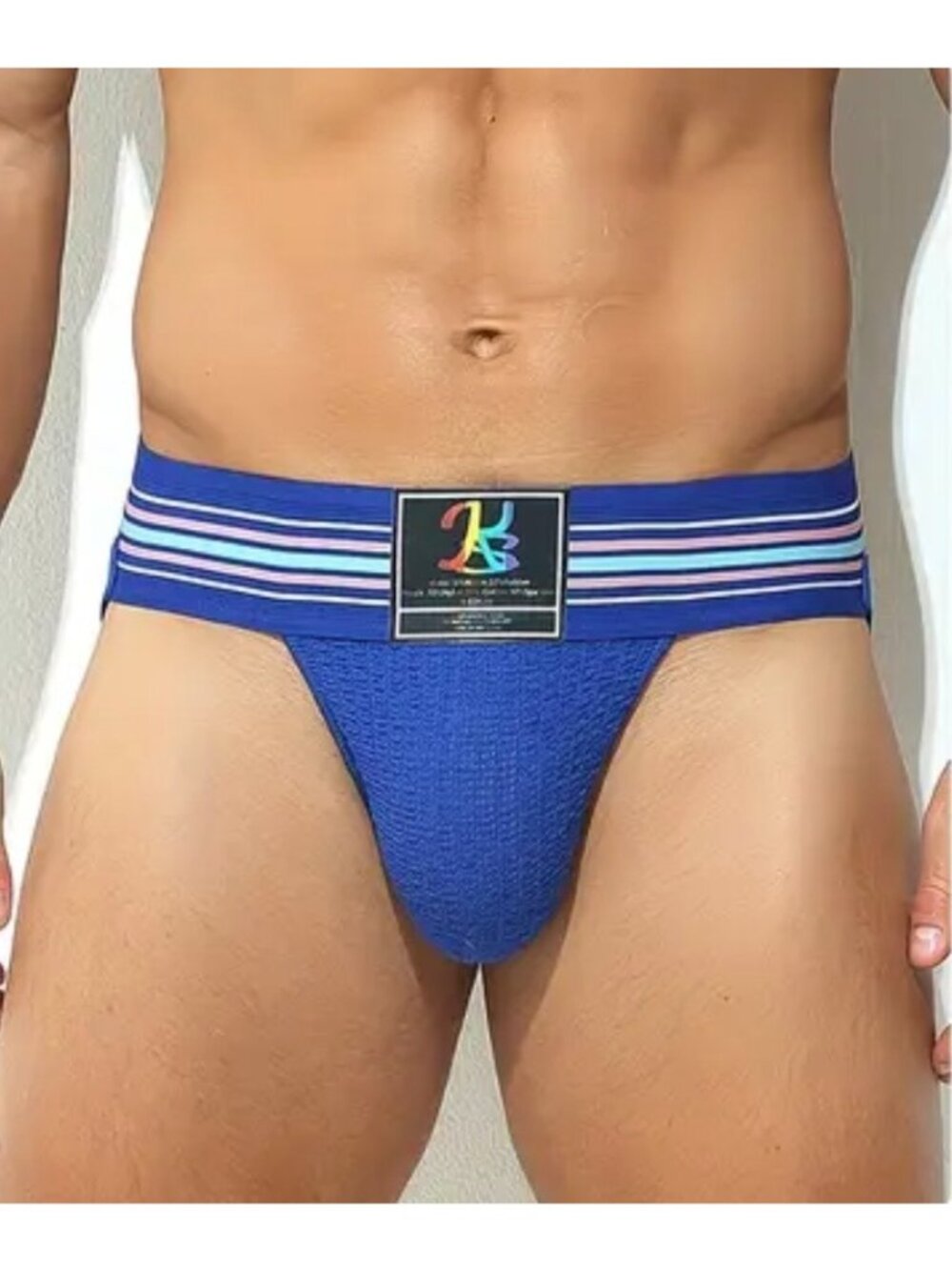 Mens Athletic Jockstrap* Striped Elastic Waistband*Gay*Pouch*Blue*NIP